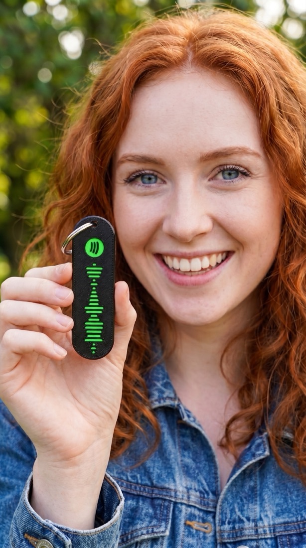 Persona sujetando el llavero con el código de Spotify